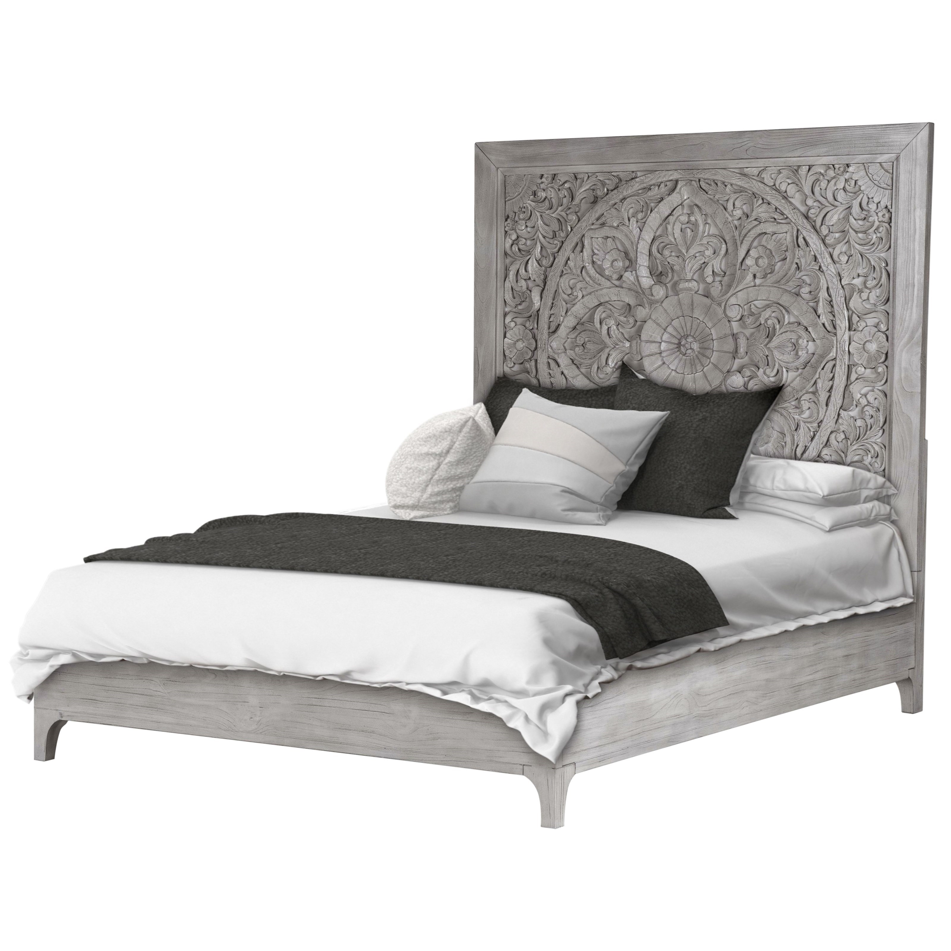 Boho Chic Queen Platform Bed in Washed White with Intricate Headboard